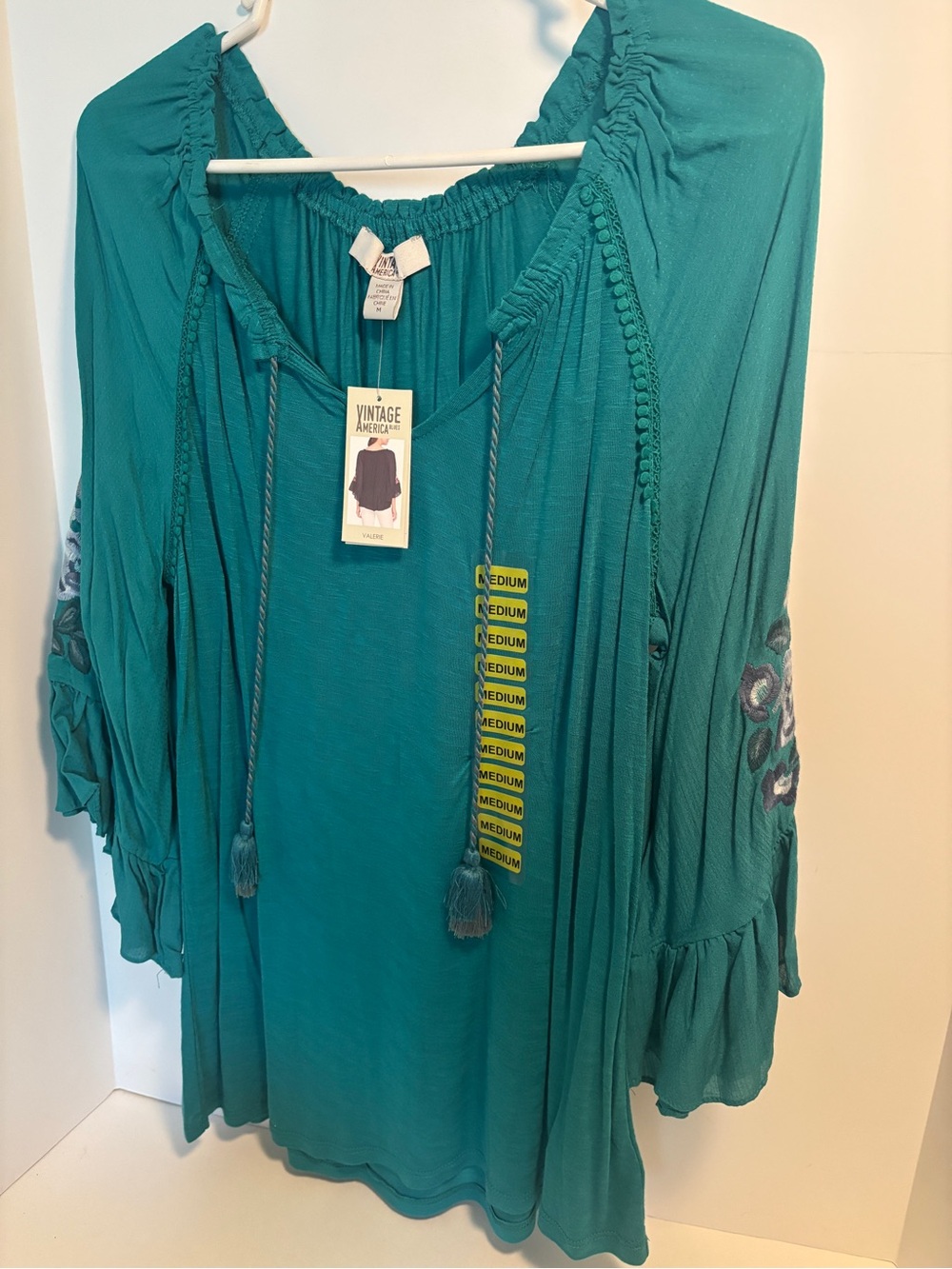 Vintage America Teal Women's Boho Peasant Top NWT